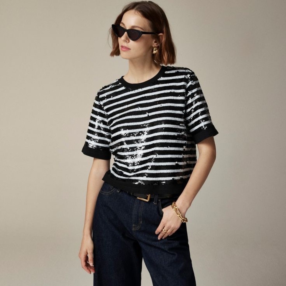 EUC J. Crew Black and White Striped Sequin Sweater Tee Sz XL